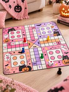 1件可愛粉色萬聖節方形聚酯纖維 Ludo 棋盤遊戲墊，幽靈、黑貓、南瓜、蝙蝠、糖果、星星與月亮印花，4人玩家 START/HOME 遊戲盤，含1袋遊戲配件，適用萬聖節派對、家庭遊戲與室內娛樂 - 多色2 - 查看 12