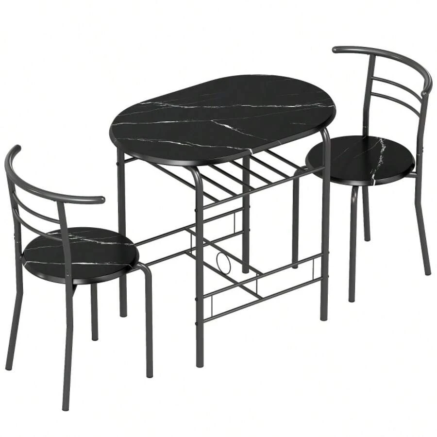 3-Piece Dining Table Set , Metal Frame Wood Top Breakfast Bar Table Set 2, Dining Table/Storage Shelf & 2 Chairs On-Site - Black + Engineered Wood - View 1
