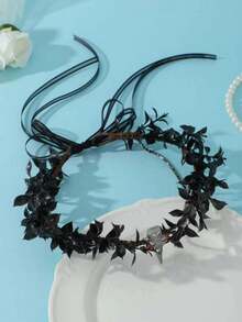 Dark Forest Witch Bird Skull Crown Headband, Black Leaves, Red Rhinestone Chain, Brown Vines, Gothic Style, Halloween Cosplay Wedding Party - Black - View 7