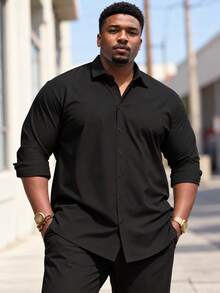 Manfinity Men Plus Size Men's Solid Black Textured Long Sleeve Button-Down Shirt - Black - View 2