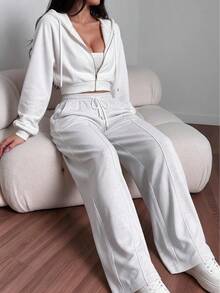 Casual High Waist Drawstring Straight Leg Sweatpants With Side 3D Stitching, Flattering Draping Versatile Straight Leg Sports Long Pants - Light Grey - View 2