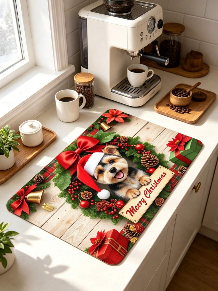 1PC Christmas Element Welcome Mat, Diatomite Absorbent Small Rug, Non‑Slip Floor Mat For Stove Coffee Machine Water Bar Counter, Christmas Halloween Home Decor, Indoor Outdoor Doormat For Front Door Kitchen Area
