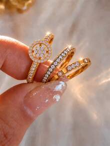 rakol 1/3pcs Gold Tone Cubic Zirconia Stackable Ring Set For Women Round Halo Statement Rings Sparkling Elegant Fashion Jewelry Gift - Multicolor - View 1