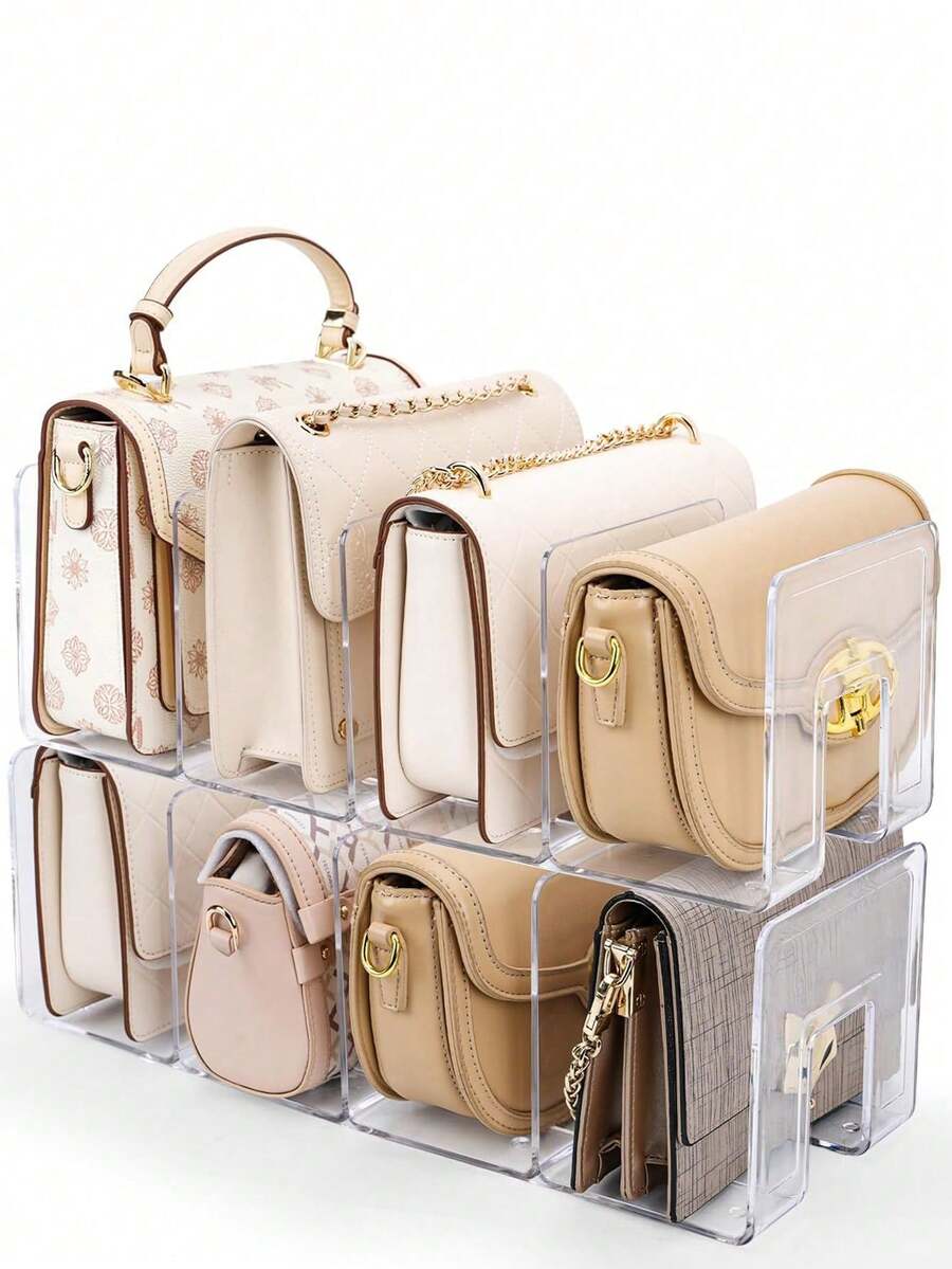 2pcs 4-Compartment Transparent Acrylic Handbag Wallet Storage Rack, Stackable Closet Shelf, Multi-Functional Organizer, Suitable For Handbags, Wallets, Books, Office Documents Display, Transparent Style, Fit For Bookshelf Divider Storage Of Handbags, Clothes, Sweaters - Clear - View 1