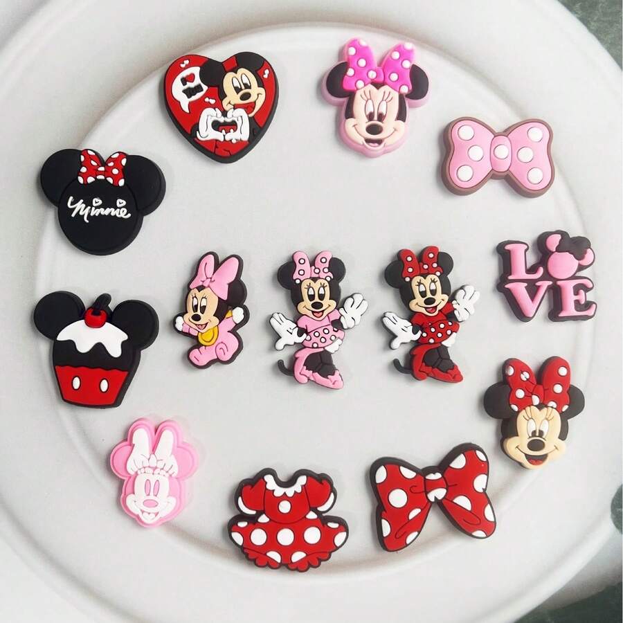 Disney 13pcs Minnie Mouse Series Clogs Shoe Charms, Soft Rubber Drip Molded Clogs Shoe Accessories