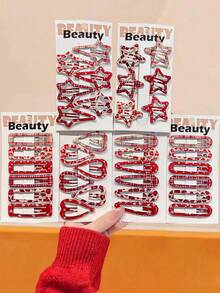 5/10/20/36pcs Red Leopard Print Star Plaid Hair Clips For Women, Flyaway Hair BB Clips, Forehead Side Bangs Hair Clips, New Year Hair Accessories, Daily Use - Multicolor - View 1
