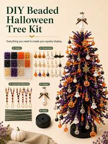 1 Set Halloween DIY Beaded Tree Handmade Kit, Purple Black Orange Desktop Ornament, Includes Pumpkin And Ghost Pendants, Handmade Style Seasonal Home Decor, Suitable For Party Display, Craft Projects, Holiday Tabletop Decoration, Creative Handmade Gift - Holiday DIY Ornament - View 2