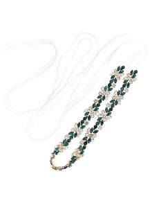 1pc Elegant Emerald Green Rhinestone Hair Vine Crystal Bridal Headband Wedding Sash Belt With Ribbon Prom Accessory - Multicolor - View 7