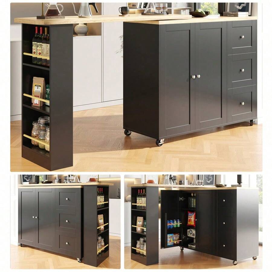 360 ° Swivelling Dining Table (138-209 X 39 X 106) On Castors, Bar Table, Black, With Three Drawers And Snack Rack, Multifunctional Storage Island, Suitable Kitchen And Living Room. - Black + MDF - View 1