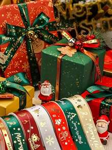 Pita, Tas Hadiah Natal, Pita Pembungkus Hadiah, Pita Satin Merah - Dekorasi Pesta Natal dengan Teks, Untuk Pembungkus Hadiah, Karangan Bunga, Garland - Pita Poliester Tahan Lama, Cocok untuk Kerajinan dan Dekorasi Hari Raya. - MultiWarna - View 2