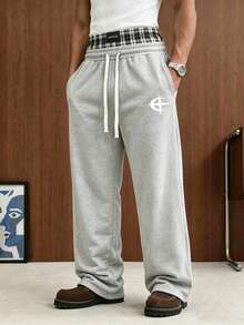 Men's Letter Print Fashion Sports Long Pants, Minimalist Solid Color Wide Leg Fit, Drawstring Waist Design, Neutral Style, Suitable For Daily Wear - Light Grey - View 3