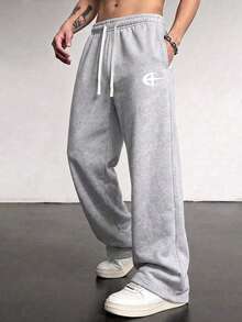 Men's Letter Print Fashion Sports Long Pants, Minimalist Solid Color Wide Leg Fit, Drawstring Waist Design, Neutral Style, Suitable For Daily Wear - Light Grey - View 5