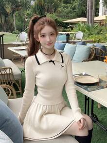 Soft Academy Style Contrast Color Bow White Knit Top & Slimming Waist-Cinching Skirt 2 Pieces Set For Women, Autumn - White - View 2