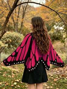 Women's Open Front Colorblock Butterfly Wing Pattern Design Casual Fashion Loose Long Sleeve Knit Cardigan Fall - Hot Pink - View 2