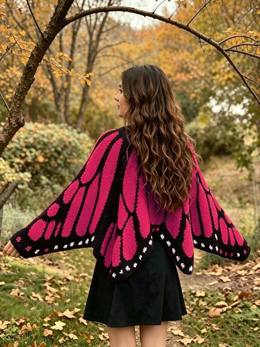 Women's Open Front Colorblock Butterfly Wing Pattern Design Casual Fashion Loose Long Sleeve Knit Cardigan Fall