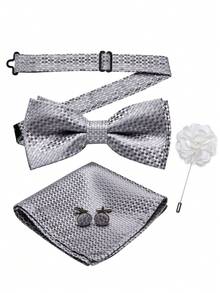 4Pcs Men Grey Small‑Check Butterfly Bow Tie Pocket Square Cufflinks Brooch Set For Wedding Business Party - Grey - View 1