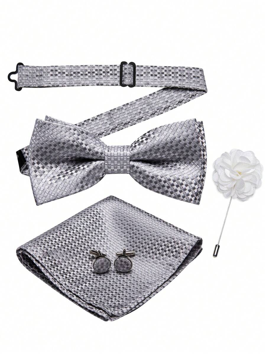 4Pcs Men Grey Small‑Check Butterfly Bow Tie Pocket Square Cufflinks Brooch Set For Wedding Business Party - Grey - View 1