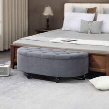 Velvet-Feel Half Circle Storage Ottoman - Dark On-Site - DARK GREY + Rubberwood - View 2