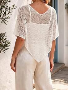 White Women's Bohemian Hollow Knit Top, Summer V-Neck Loose Mesh Cape-Style Pullover, Side Slit Asymmetrical Hem Crochet Cover-Up Shawl, Suitable For Vacation, Casual And Daily Wear - White - View 2