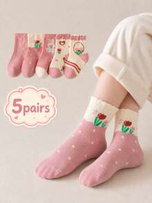 5 Pairs Girls Mid-Calf Socks, Cute Cartoon Rabbit, Flower, Heart Pattern, Soft, Comfortable, Breathable, Casual Everyday Socks For Autumn/Winter - Multicolor - View 9