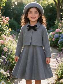 2pcs/Set Young Girl Short Jacket And Jumper Dress Outfit With Bow Beret For Autumn/Winter - Grey - View 2