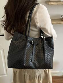 Women Woven Tote Bag, Large Capacity Soft Shoulder Handbag, Buckle Decor Work Daily Shopper Bag - Black - View 6