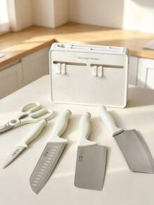 1set Cream Style Kitchen Knife Block With Side Hooks, Countertop Multi-Functional Knife & Scissor Holder, Kitchen Utensil Storage Organizer - Multicolor - View 5