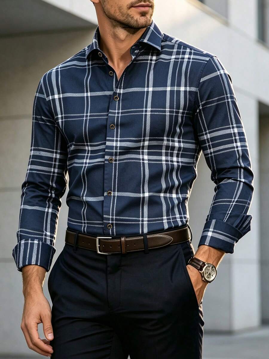 Men's Casual Dress Shirt With Plaid Pattern For Multiple Occasions, Dining And Business - Essential Gift For Men - Navy Blue - View 1