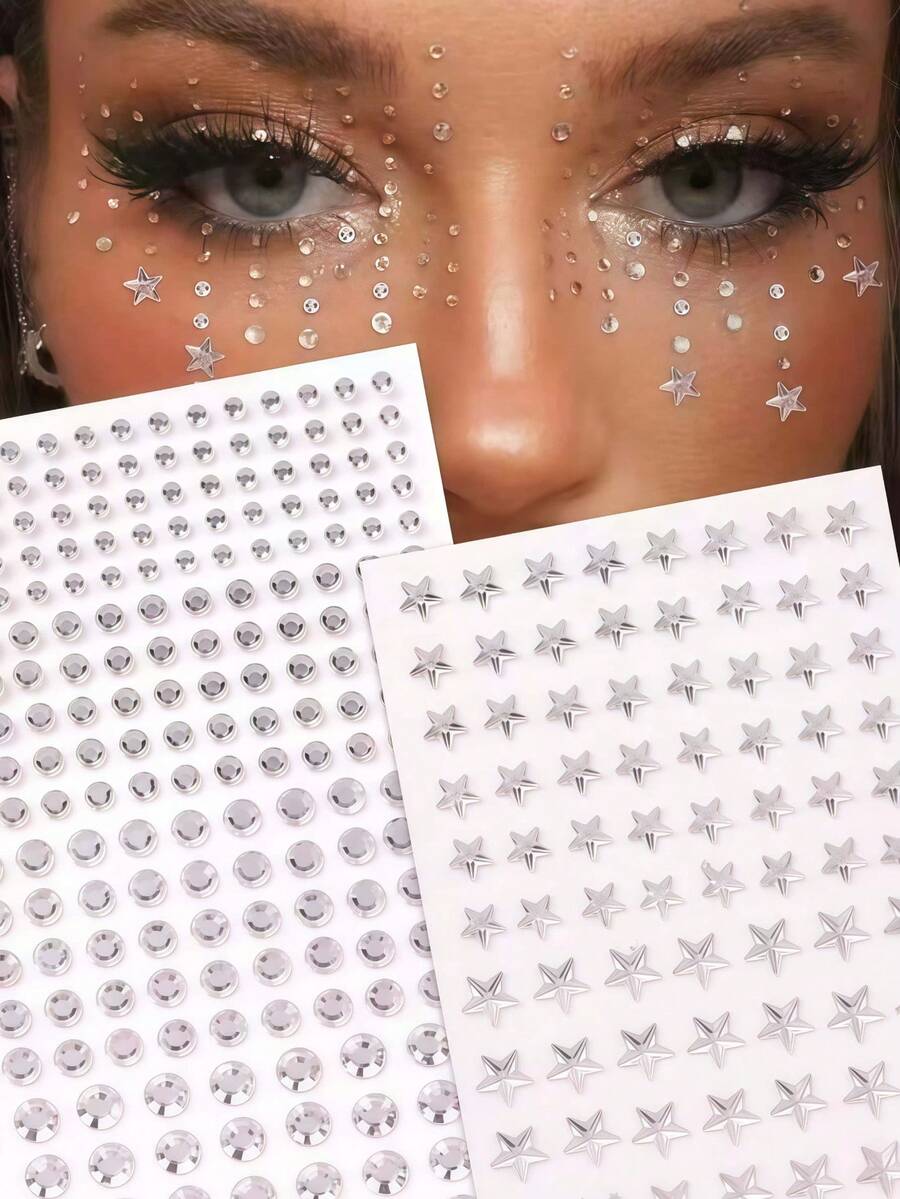 2PCS 3D Silver White Large & Small Star Rhinestone Eye & Face Decor Stickers DIY Music Festival Y2K Makeup Party Eye & Face Decor Stickers - White - View 1