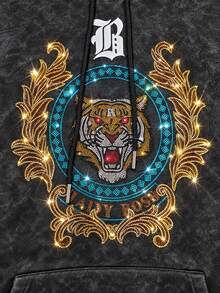 Hoodie Pria Ukuran Besar dengan Hiasan Kepala Harimau dan Rhinestone, Sweatshirt Pullover Vintage Hitam dengan Motif Cetak - Hitam - View 4