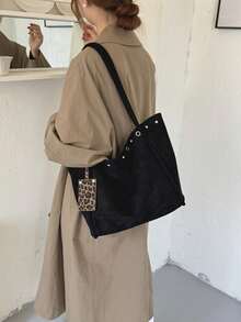 1pc Retro Faux Suede Hobo Shoulder Bag, Rivet Detail With Leopard Charm Pendant, Large Capacity Casual Daily Commuter Handbag - Black - View 5