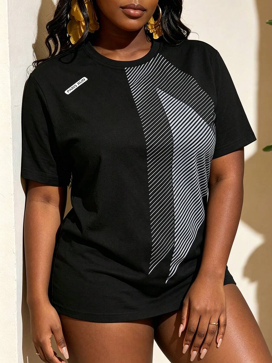 Women's Short Sleeve T-Shirt, Round Neck Casual Sports Top - Black - View 1