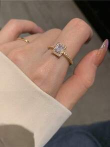 1pc Minimalist Luxury Square Rhinestone Open Ring, Suitable For Women's Daily Wear, Party, Banquet, Wedding And Other Occasions, Ideal Gift For Girlfriend - Yellow Gold - View 1