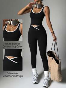 Women's High Waist Yoga Fitness Set, Colorblock Sports Top And Leggings, Elastic Polyester Blend, Suitable For Running And Training - Black - View 1
