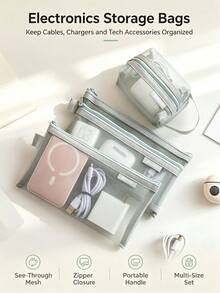 Transparent Mesh Storage Bag Set, Makeup Bag, Portable Coin Purse, Stationery Pencil Case, Zipper Travel Toiletry Bag, Suitable For Home Office Data Cable Storage Accessories, Portable Coin Purse For Outings, Can Store Cards, Keys And Other Items - A - View 8