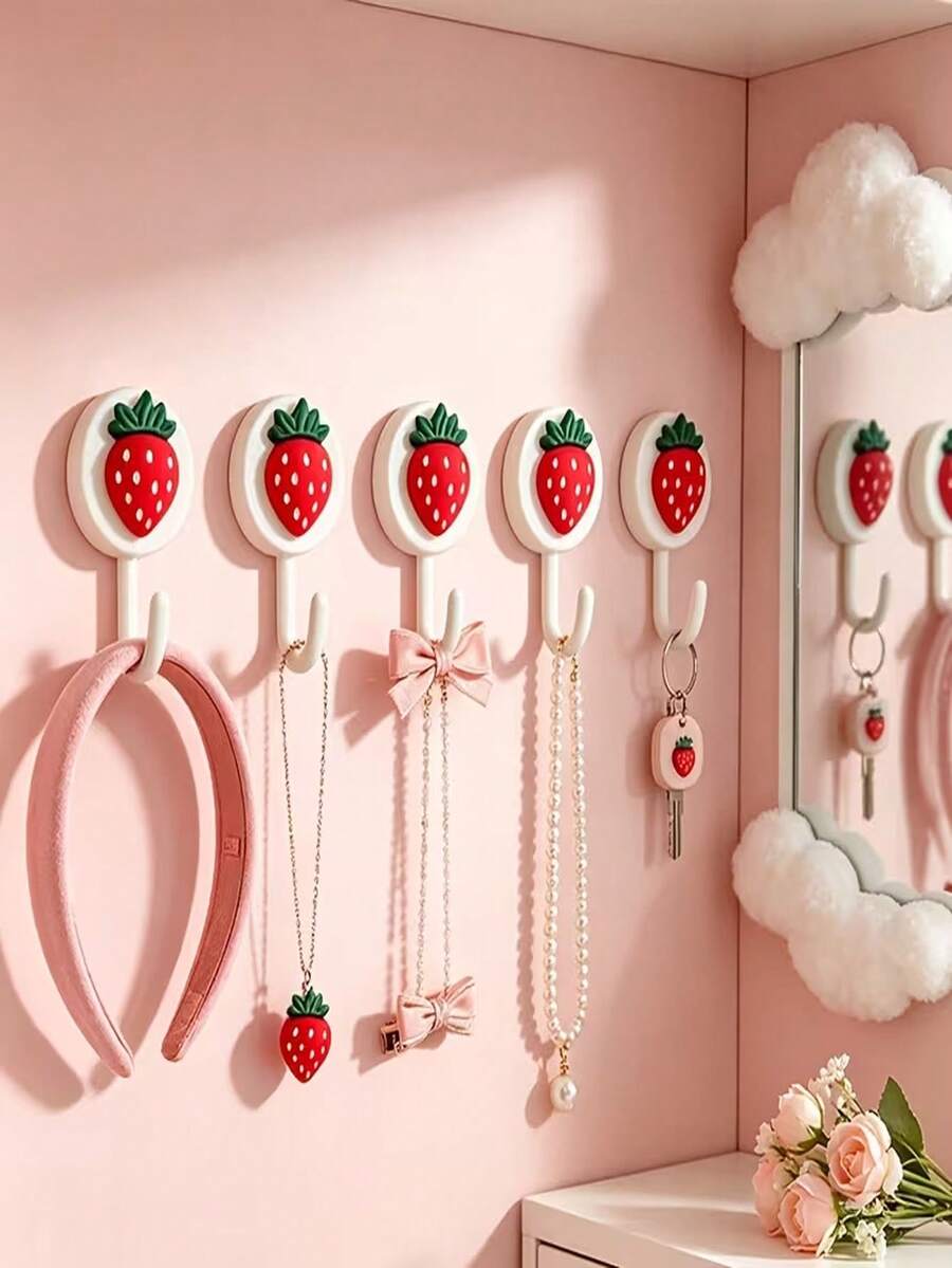 8pcs Pink Floral Theme Adhesive Hooks (Random Color), Novel And Unique Design, Perfect For Hanging Towels, Aprons And Various Small Items In Kitchen, Bathroom Or Entryway, Ultra Strong Adhesive, No Drilling, Ideal For Mother's Day Gift - View 1
