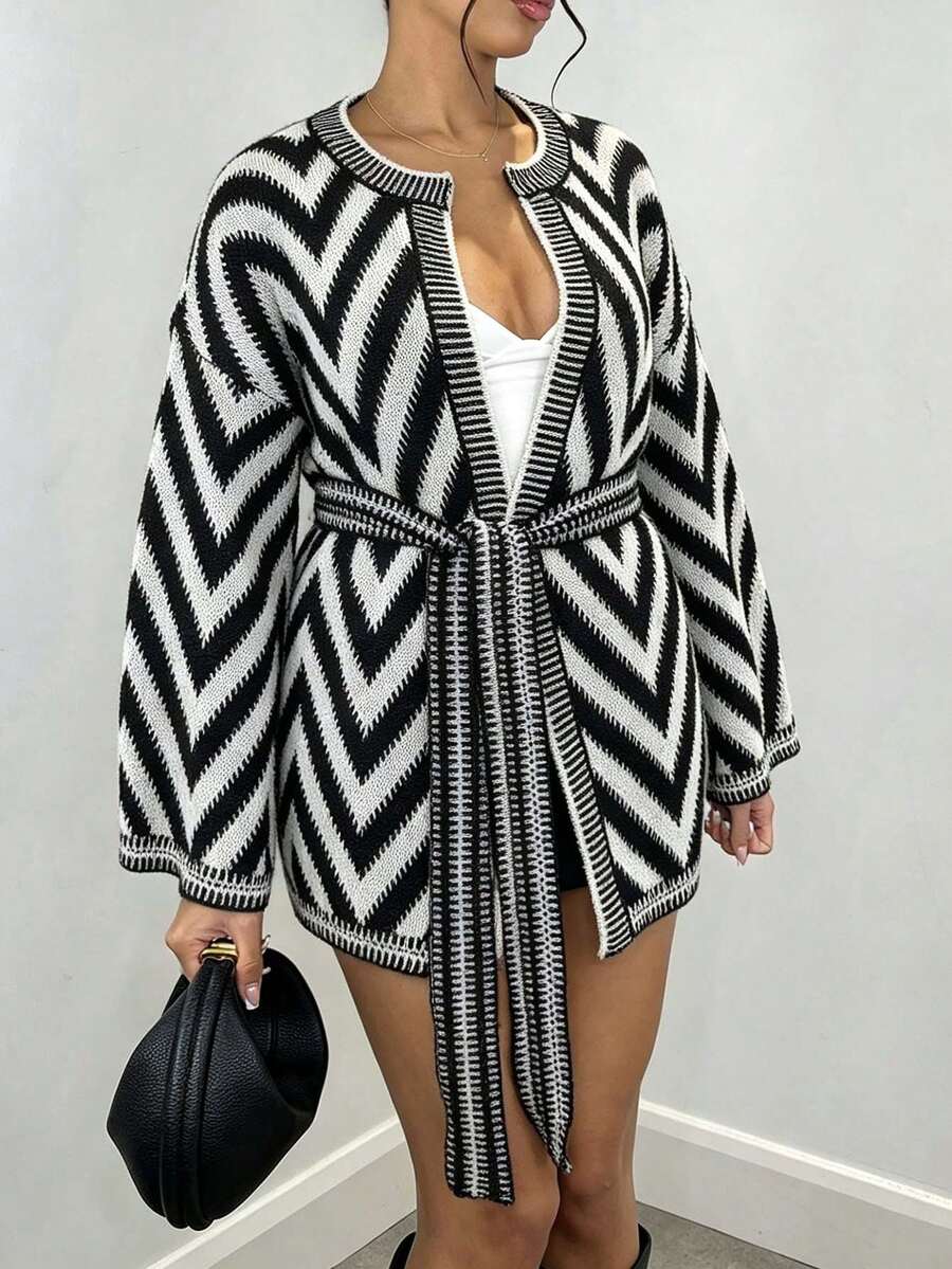 Plus Size Casual Fashion Black & White Striped Belted Long Sleeve Cardigan Sweater - Black and White - View 1
