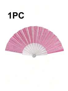 1PC Shiny Portable Folding Fan With Transparent Frame And Pink Sequin Fabric, Suitable For Summer, Carnival, Festival, Concert, Wedding, Travel, Party, Gift - Pink - View 5