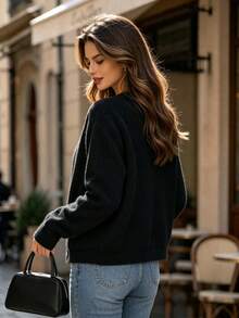 DONICY Women Elegant Fuzzy Knit Cardigan, Round Neck Gold Button Pocket Long Sleeve Fall Outerwear - Black - View 2
