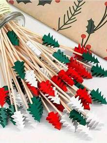 10/50/100pcs Christmas Tree Shaped Cocktail Picks, Exquisitely Designed Red, Green, White Bamboo Material, Adding Festive Atmosphere To Christmas Party - Multicolor - View 6
