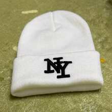 1pc NY Letter Embroidered Knit Beanie, Casual Solid Color Rolled Edge Skull Cap, Soft & Warm Winter Hat For Men And Women, Daily Streetwear - Multicolor - View 5