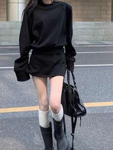 Setelan Kasual Wanita 2 Potong, Sweatshirt Lengan Panjang Longgar - Hitam - View 1