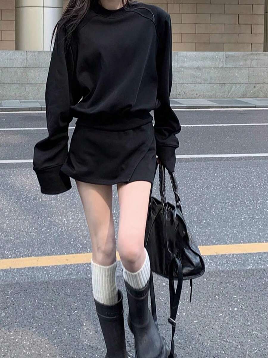 Setelan Kasual Wanita 2 Potong, Sweatshirt Lengan Panjang Longgar - Hitam - View 1