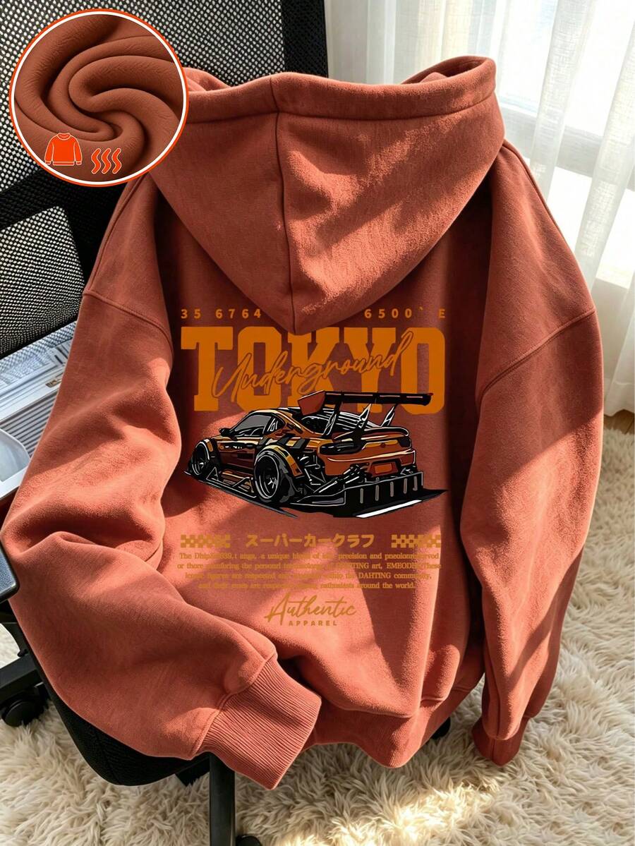 1pc Thickened Warm Car Print Sweatshirt For Tween Boys, Thermal Lined Youth Clothing Suitable For Autumn/Winter