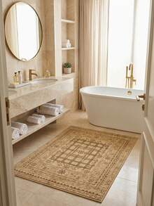 1PC Beige Brown Geometric Star Grid Pattern Vintage Oriental Rug, Traditional Faux Cashmere Rectangular Area Carpet With Center Grid, Multi-Pointed Star And Diamond Border Details, Machine Washable, Suitable For Living Room/Bedroom, Warm Tone Home Decor For Autumn/Winter - Multicolor - View 5