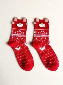6 Pairs Women's Christmas Santa, Snowman, Reindeer Red Mid-Calf Socks, Suitable For Christmas Outfit - Multicolor - View 9