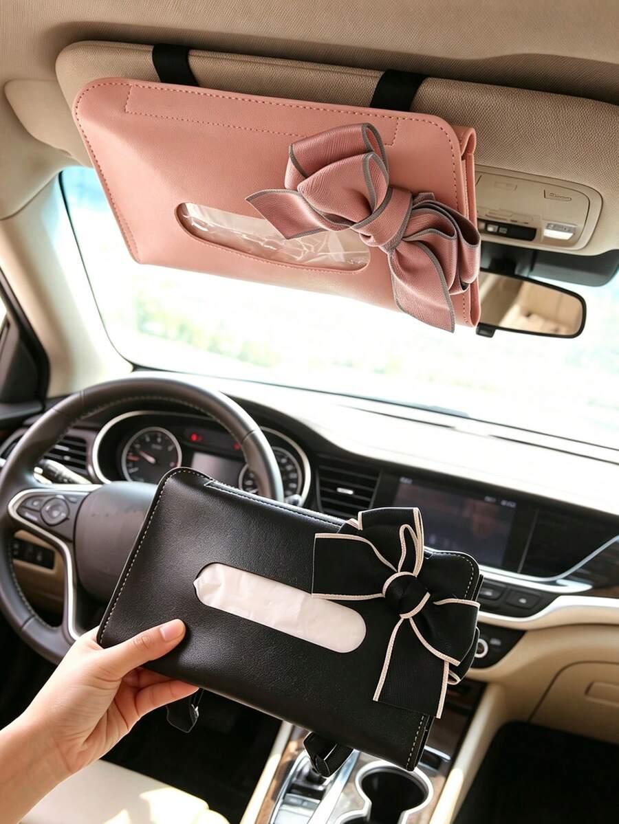 Car Sun Visor Tissue Box, Bowknot Decoration, Car Sun Visor Mounted Tissue Box, Car Roof Hanging Storage Bag, Creative Car Interior Decoration Accessory, Christmas And Halloween Gift