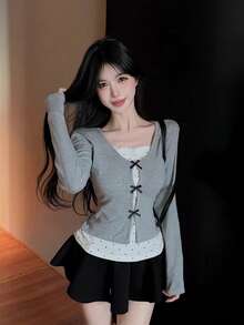 Women's 2-In-1 Bowknot Polka Dot Long Sleeve T-Shirt, Early Autumn Pure Desire Hot Girl Style Unique Gorgeous Base Layer Top - Grey - View 8