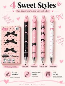 4pcs/Box Pink Bow Neutral Pens, 0.5mm, Quick-Drying Smooth, Pink White Black 3 Colors, Multiple Cute Patterns, Essential For Office And Study - Sets - View 2