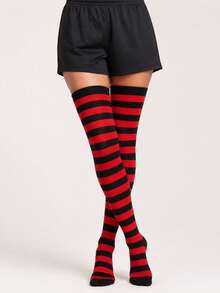 A Pair Of Over-The-Knee Socks In A Classic Red-And-Black Color Scheme-A Timeless Style And Classic Look That Is Perfect For Christmas Or As A Gift. - Red - View 7